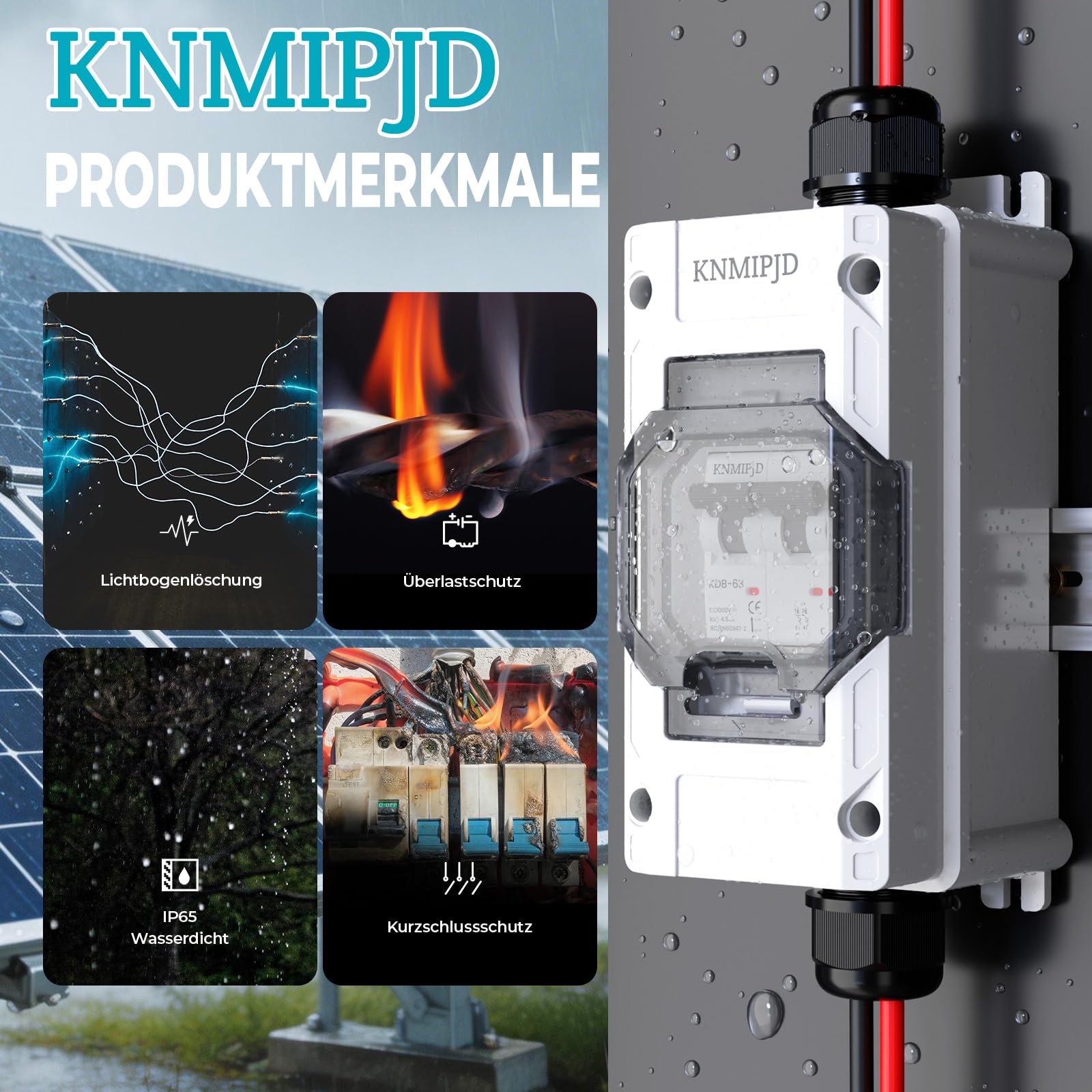 500V 50A DC Trennschalter PV Anlage, Solar PV Sicherungsautomat 2 polig mit IP65 Wasserdicht Gehäuse und pv kabel Steckermontage für Photovoltaikanlagen