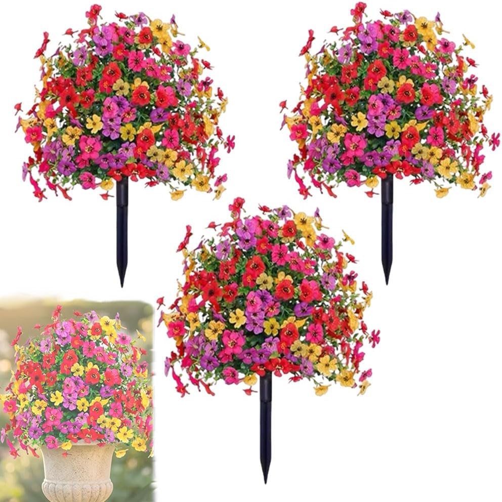 Artificial Petunias with Ground Stake - UV Resistant & Waterproof Faux Flowers for Outdoor Indoor Garden, Yard, Planter, Porch & Home Decor (3pcs)
