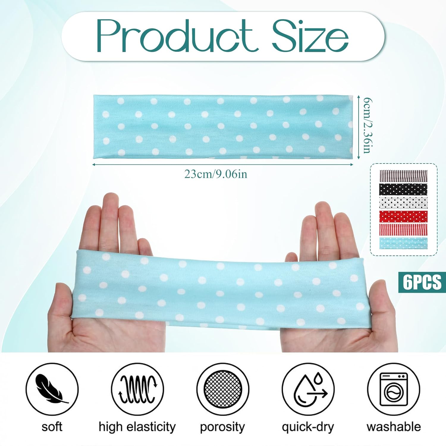 Headbands for Women 6 Pack Wide Elastic Head Bands Polka Dot Non Slip Hairbands Soft Cotton Fabric Sports Hair Bands Cute Sports Hairbands Boho Vintage Fashion Hair Accessories for Beach Vacation image 2