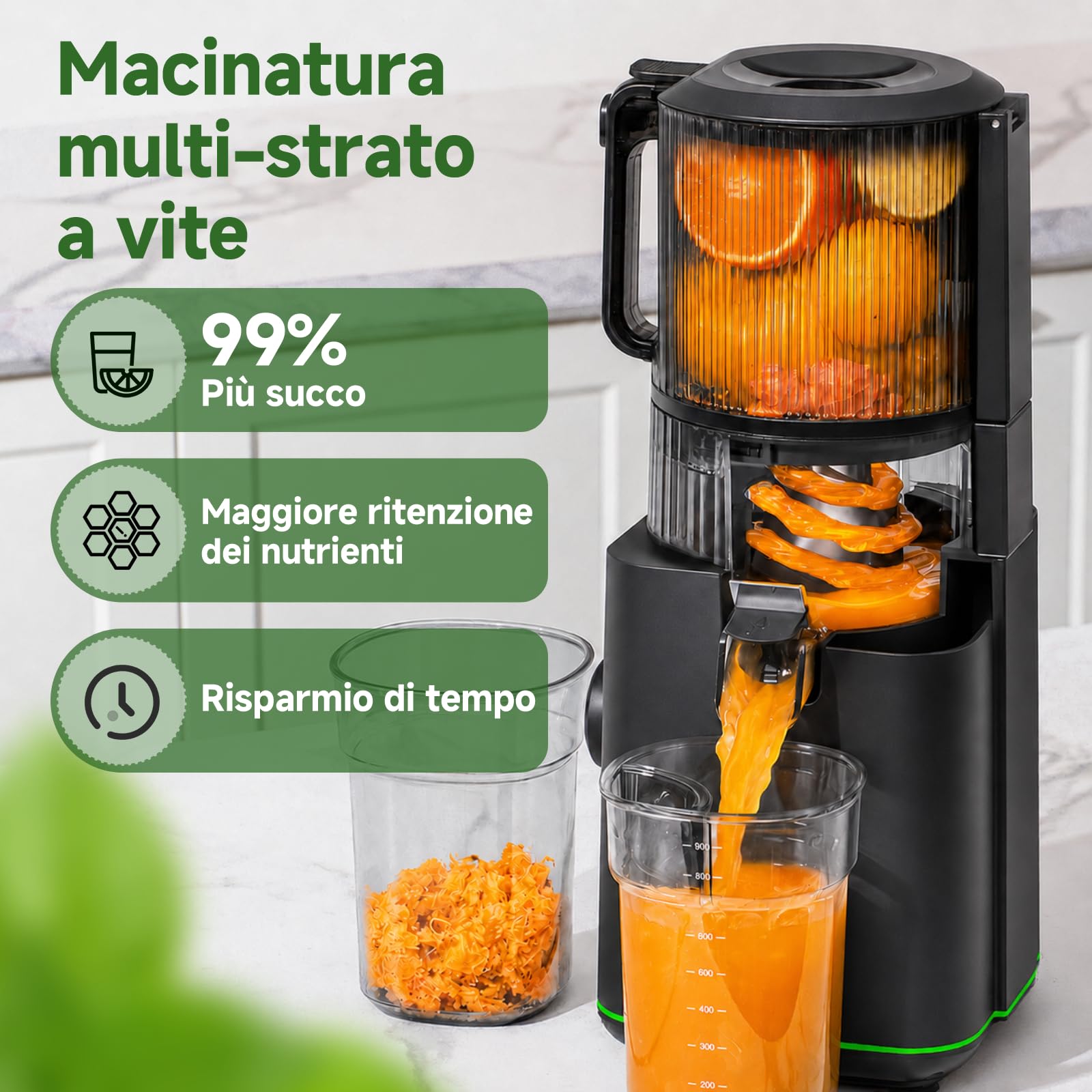 AMZCHEF Estrattore Frutta e Verdura, Frutta e Verdura Intere con Bocca XXL 160 mm, Facile da Pulire, Alta Resa del Succo, Caraffa da 2 L, Estrattore a Freddo per Famiglia, Colazione e Succhi Freschi