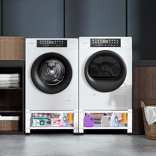 Miniatura 8 de Paquete de 2 pedestales de lavandería de 28 pulgadas de ancho para lavadora y secadora, pedestal de metal resistente, soporte para mini