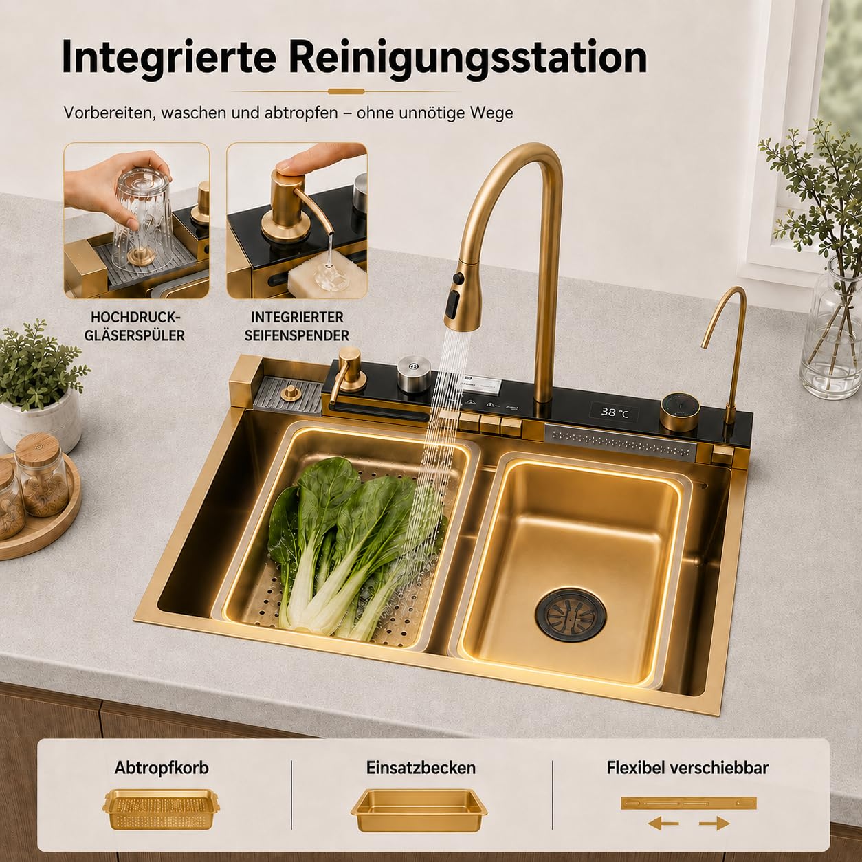 Évier de cuisine multifonction cascade robinet amovible plusieurs variantes de bec avec nettoyant pour tasses et distributeur de détergent 75 x 46 x 22 cm Doré
