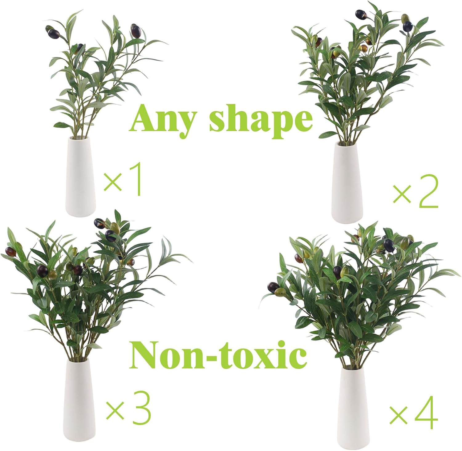 Artificial Olives Plants Stems for Vase, 4 Pcs Fake Greenery Olive Branches Stems Faux Green Plants Leaves for Table Desk Livingroom Kitchen Indoor Home Decor