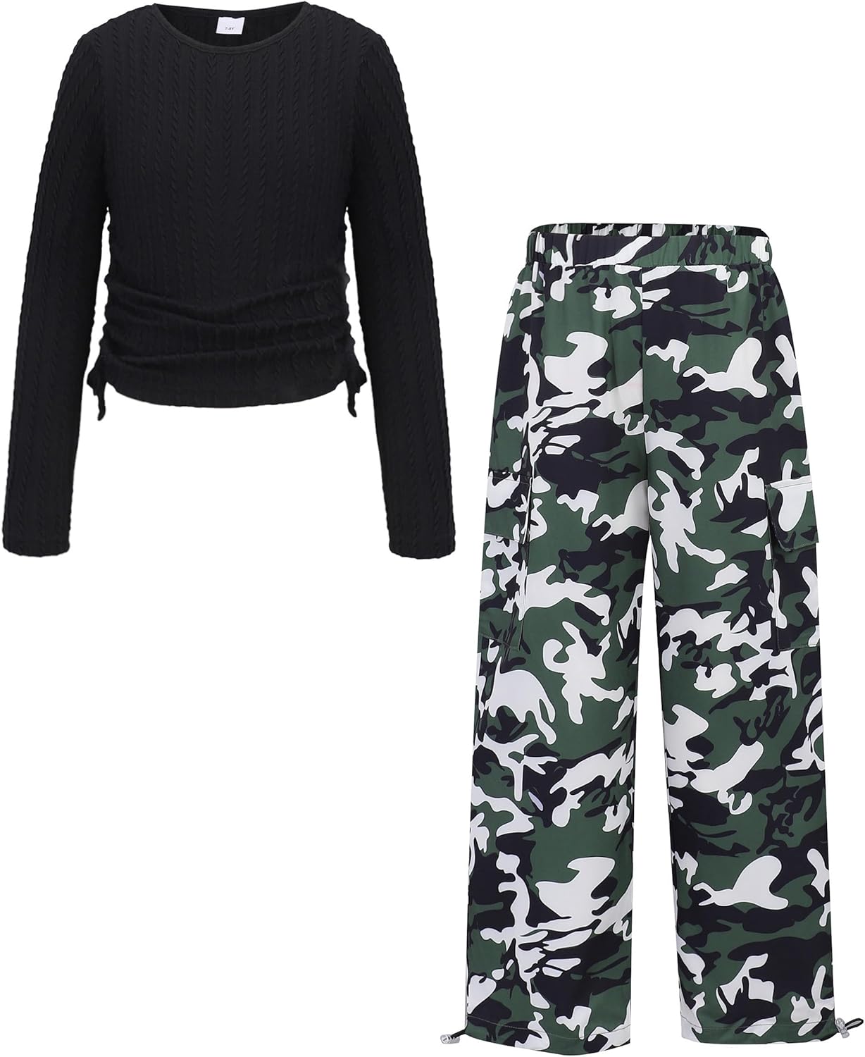 Girls Clothes Tween Girl Clothing Long Sleeve Ruched Drawstring Ribbed Knit Top Camo Cargo Pants Fall Winter Outfits