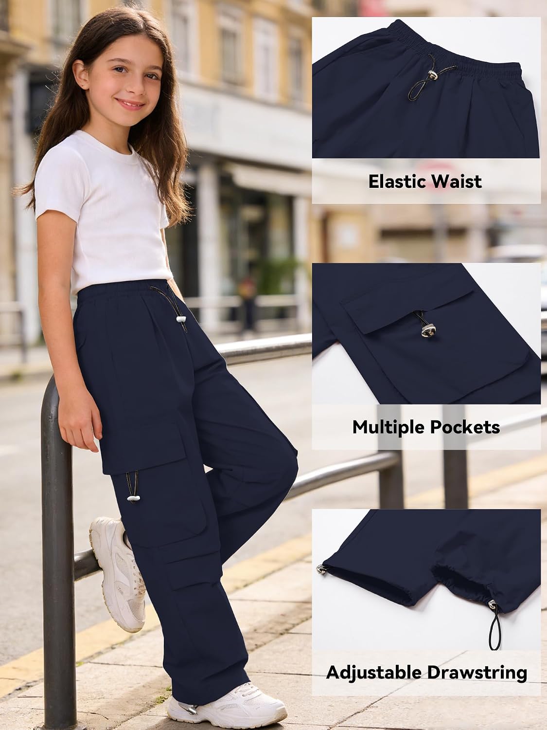 SANGTREE Girls Parachute Pants Loose Lightweight Drawstring Waist Hip Hop Cargo Pants,6-16 Years