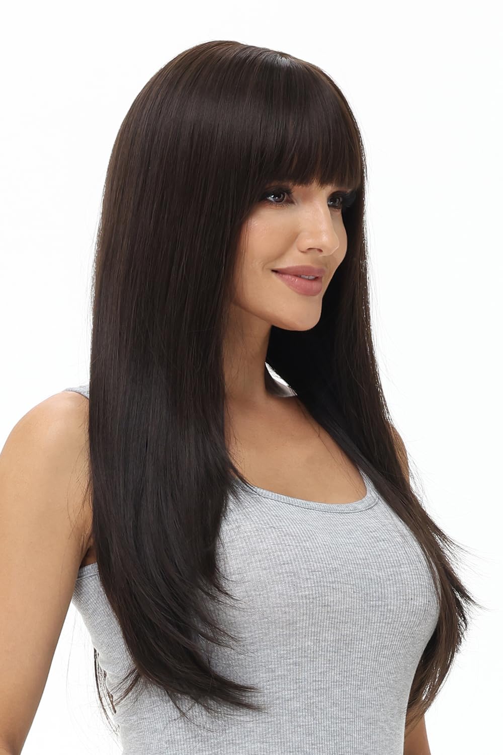 BUYOGET Long Wigs for Women with Fringe Adjustable Straight Synthetic Hair Wig Cosplay Daily Use Wigs 24 inch Dark Brown - Image 2
