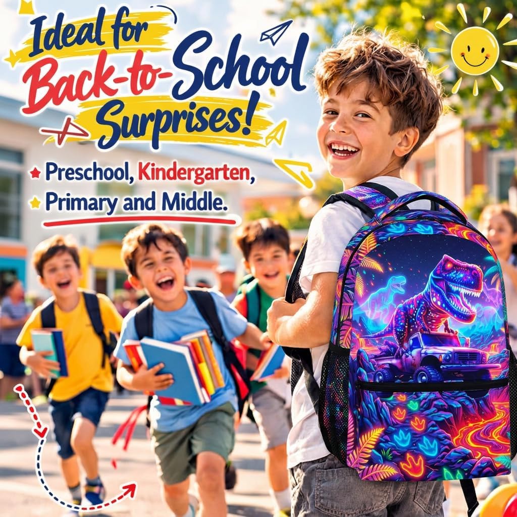 Kids Boys Backpack Dinosaur Backpacks for School Casual Travel, Cool Truck Bookbag for Kindergarten Preschool Primary