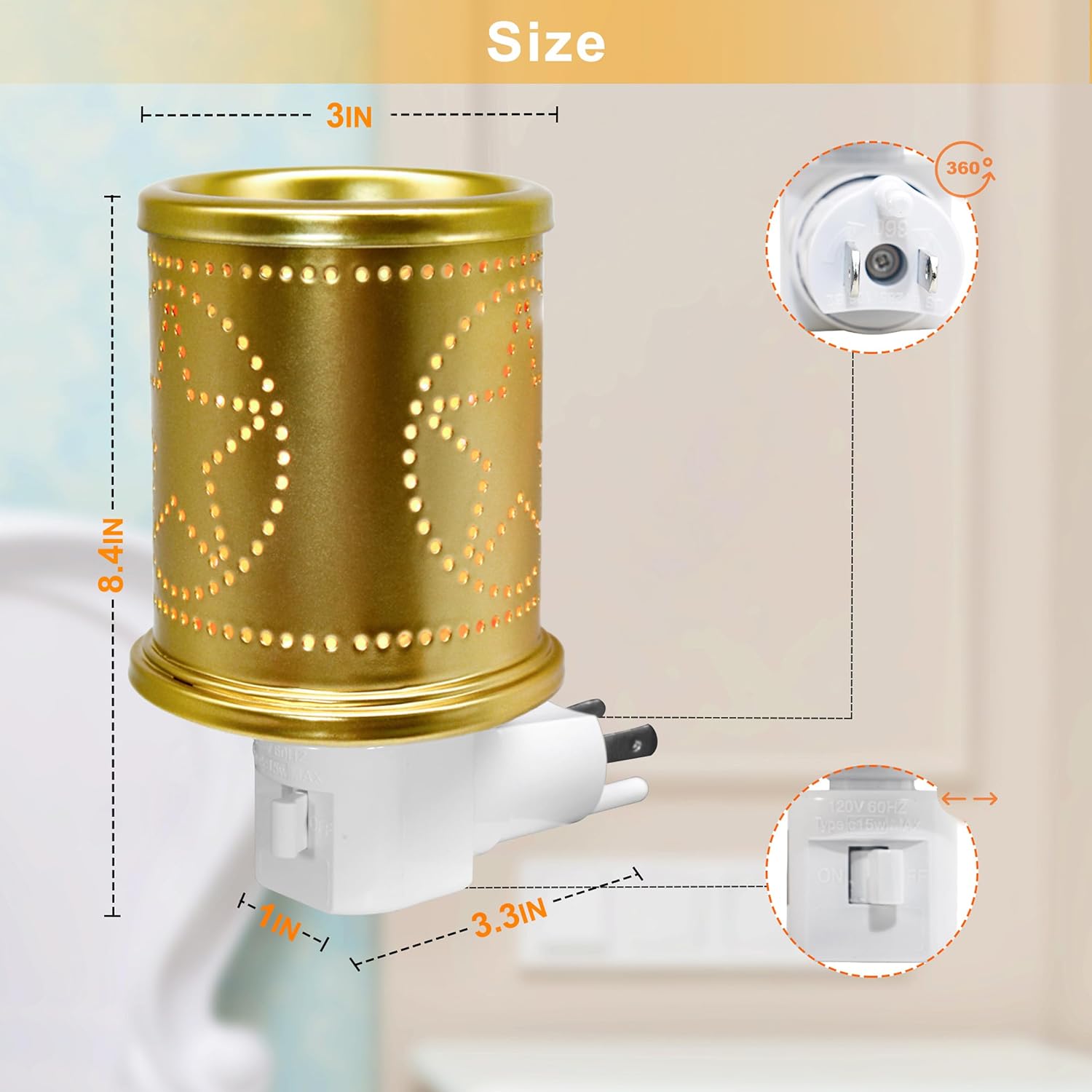 CVHOMEDECO. Wall Plug-in Electric Wax Melt Warmer Punched Stars Metal Tart Warmer Decorative Candle Warmer for Scented Candle, Wax Melts, Tarts and Fragrance Oils, Night Light Decor., Gold image 5