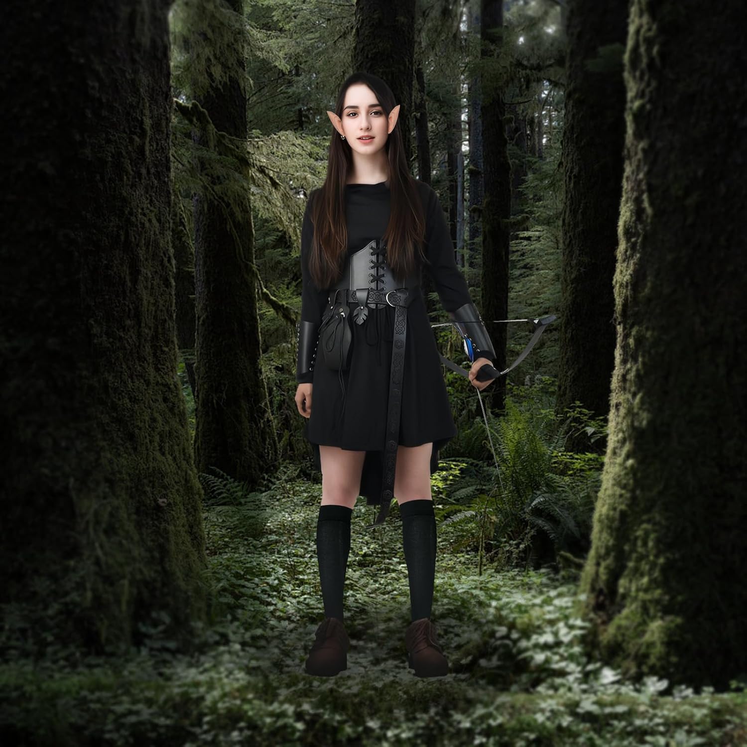 8 Pcs Women Renaissance Fairy Costume Medieval Elf Dress with Faux Leather Arm Pouch Belt for Halloween - Image 5