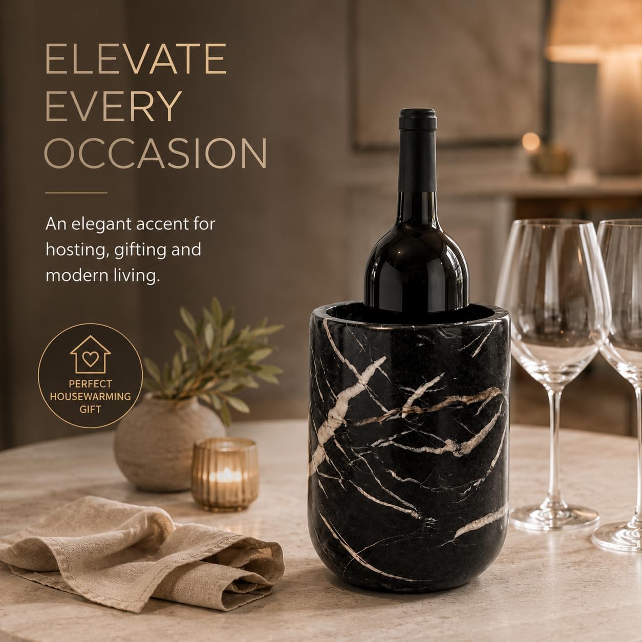 Luxury Black Marble Wine Chiller - Natural Stone Wine Bottle Cooler for Party