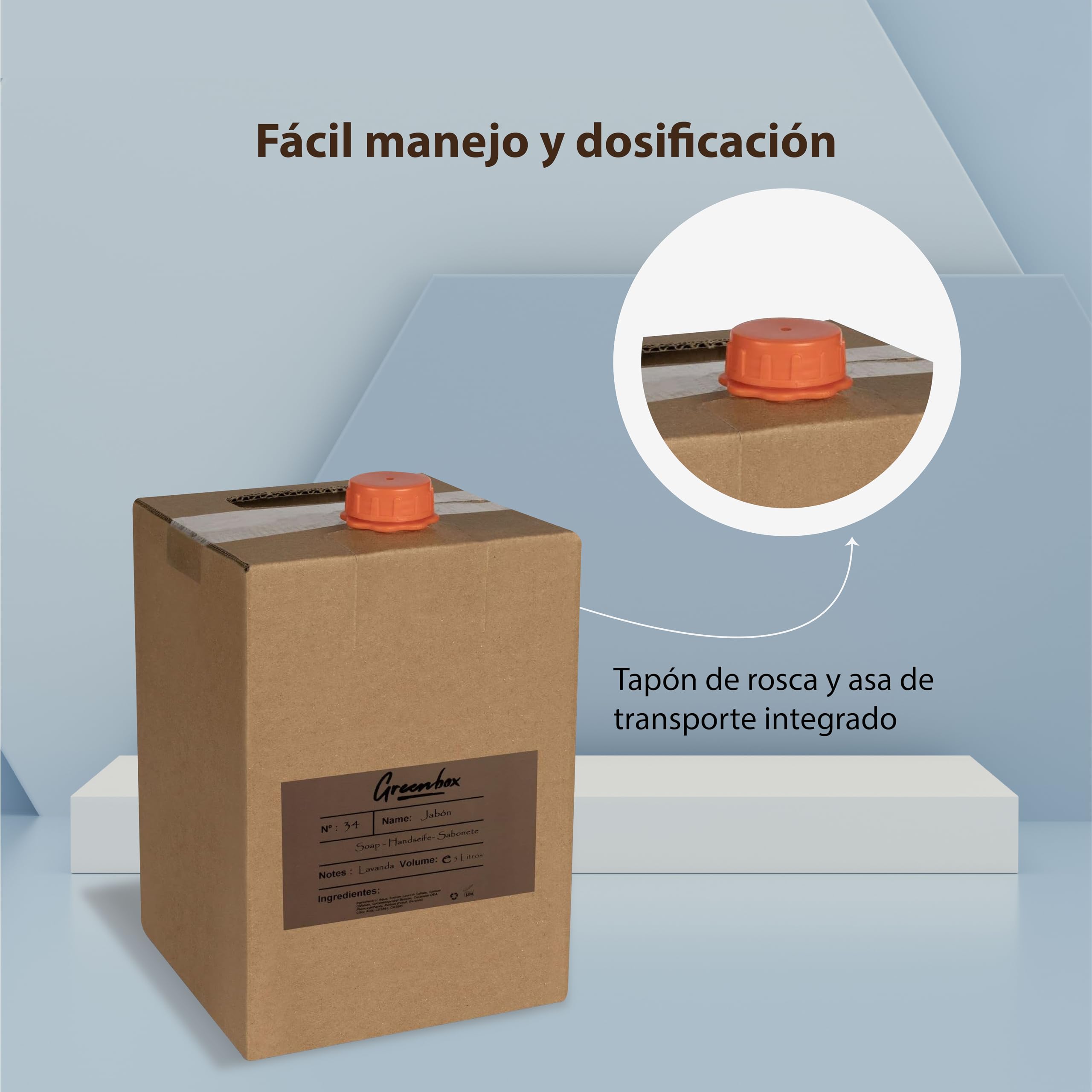 Ricarica sapone mani in "bag in box" BIO - sapone mani idratante 5L. Imballaggio ecologico e maniglia per il trasporto. Risparmia denaro e aiuta l'ambiente.