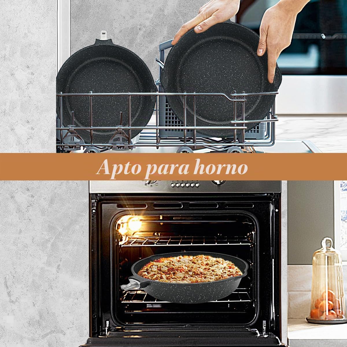 Sartén 28 cm de Antiadherente, aluminio fundido con antiadherente con asa extraíble, sartén adecuada Con tapa, Apta para Todo Tipo de Cocina. | Sartén de 7,5 cm de altura interior con mango extraíble, apta para todo tipo de fuegos
