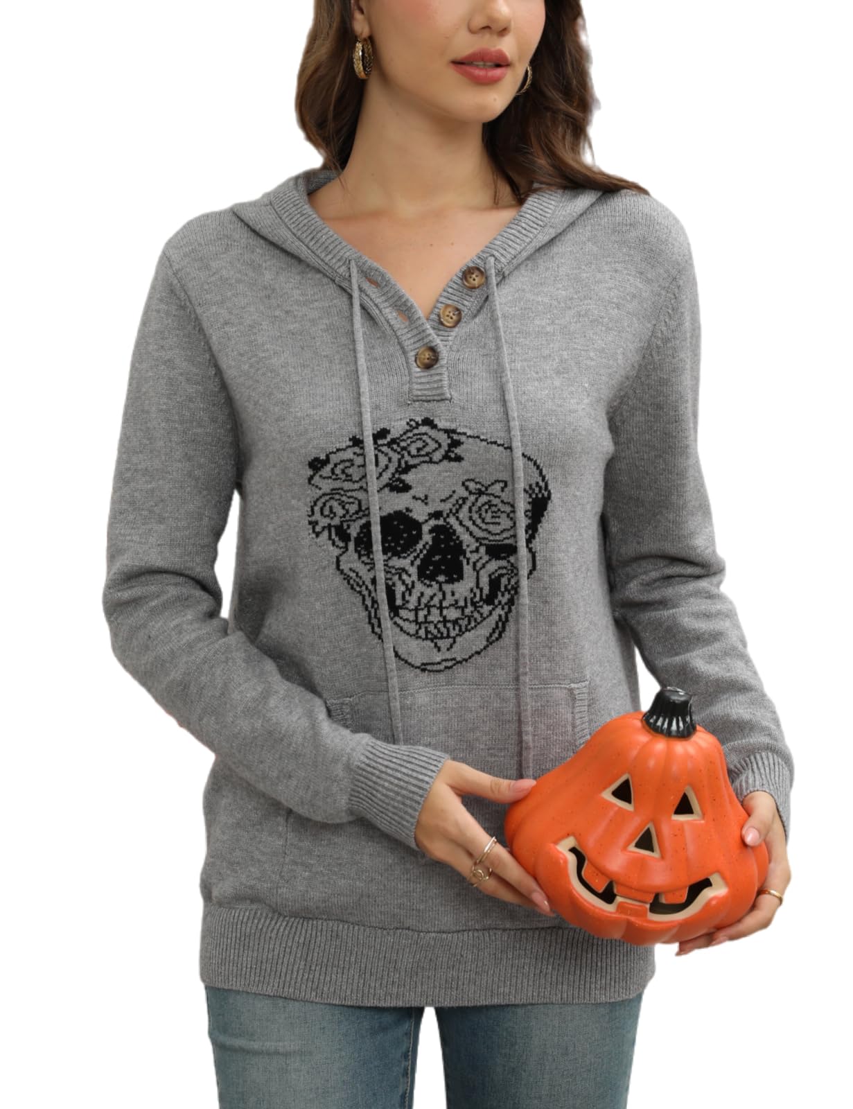 CiCiBird Women Fall Winter Halloween Hoodie Flower Skull Graphic Tops Pullover 2024 Fashion Halloween Sweater Skull2 Gray L