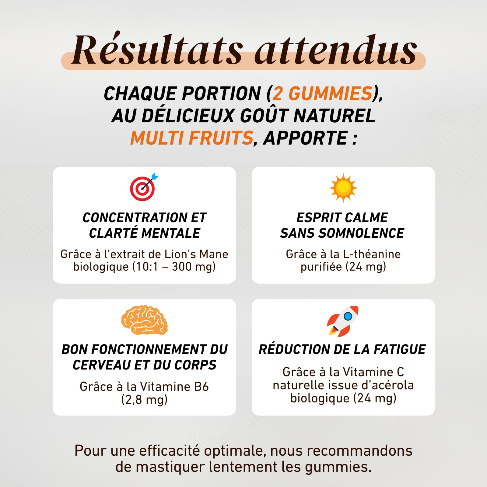 French Mush Lion’s Mane Gummies – Complément Mémoire et Concentration – Multivitamines avec Vitamine C, B6, Acérola et Thé Vert – Bien-Être, Relaxation – 42 Gummies Vegan Multifruits