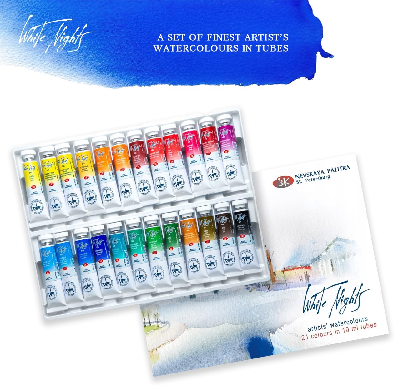 STARLA Artefacto Professional Watercolour Paint Set, White Nights 24 x Watercolour Paints in Tubes, Roubloff Brush, 20x Sheets 300 g/m² 100% Cotton 31 x 21cm (12.2" x 8.3"), Palette and Accessories