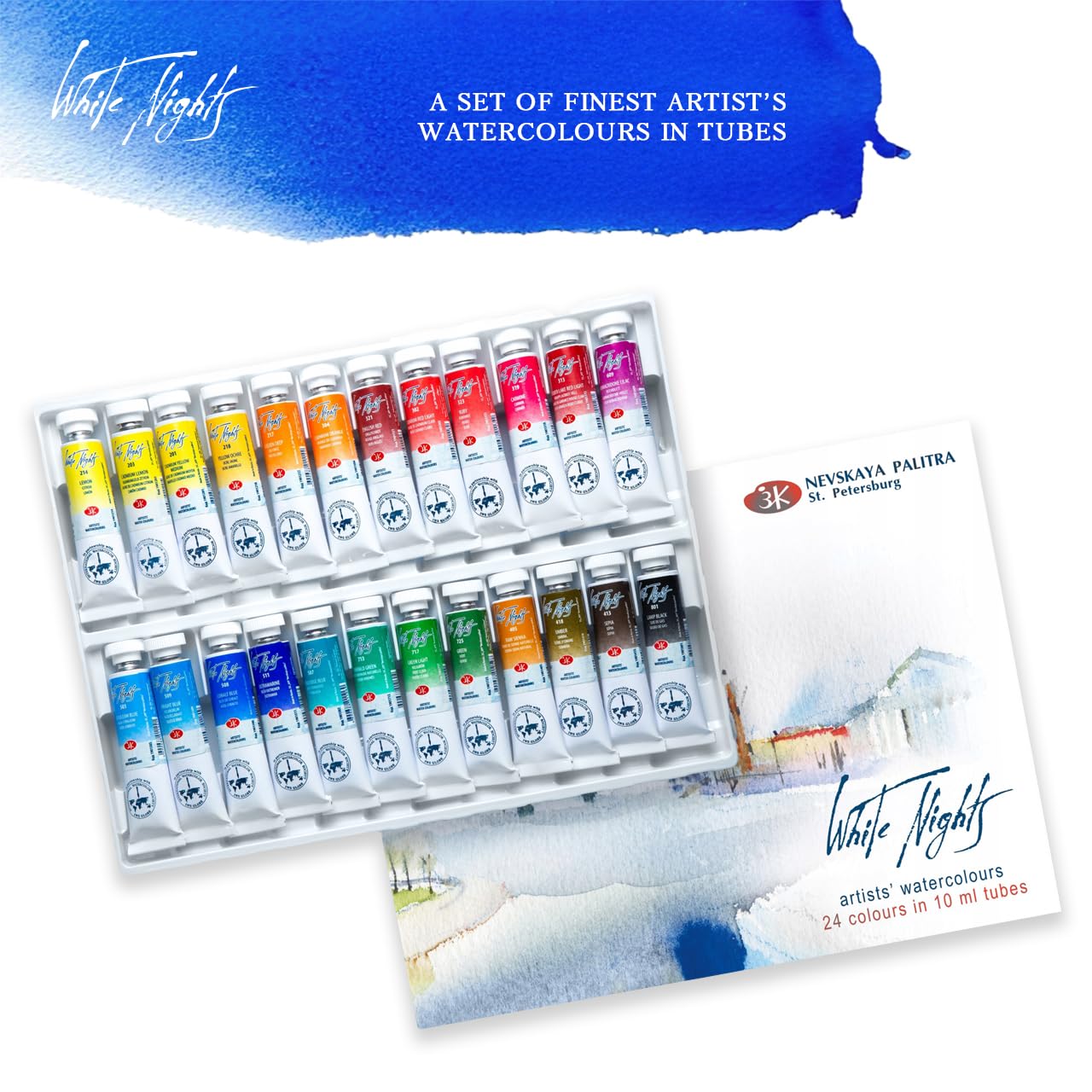 Artefacto Professioneller Aquarellfarben Set, White Nights 24x Aquarellfarben in Tuben, Roubloff Pinsel, 20x Blätter 300 g/m² 100% Baumwolle 31 x 21cm (12.2" x 8.3"), Palette und Zubehör in Magnet Box