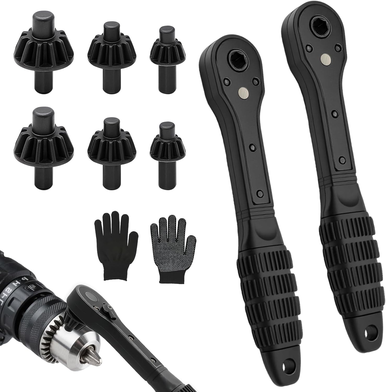 2-in-1 Ratchet Drill Chuck Key Wrench, 2-Pack Universal Chuck Key Replacement Tool with 6 Ratchet Drill Bits, Compatible with Most Electric Drills and Power Tools