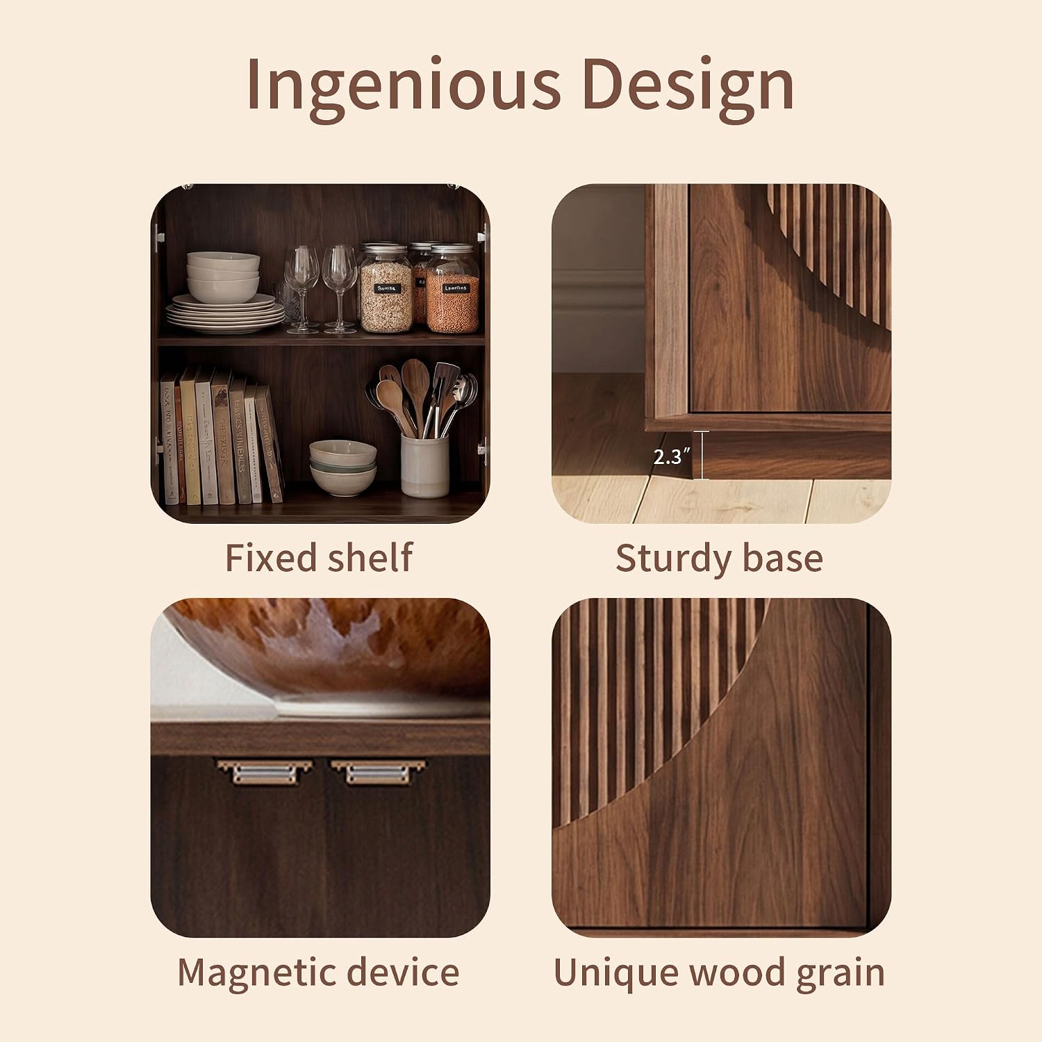 Modern Buffet Cabinet with Storage, Round Fluted Door Sideboard Cabinet with Shelves, Wooden Modular Coffee Bar, Deep Beveled Design, for Dining Room, Kitchen, Living Room, Entryway, 63" Walnut