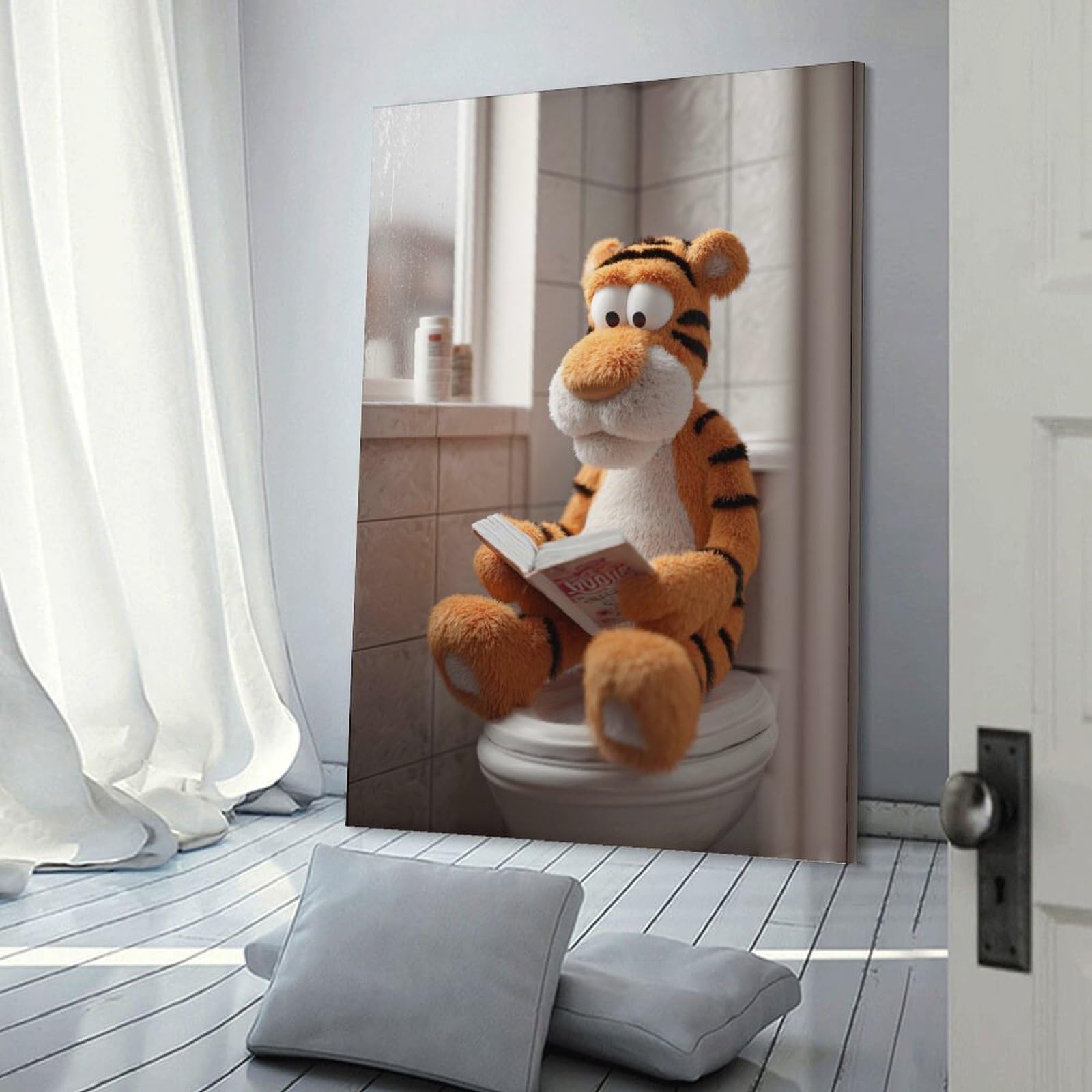 Junmoney Tiger Reading A Book on Toilet Hanging Wall Art 24x36inch(60x90cm), for Restful Interiors, Bedrooms Or Small Rooms, Home Artwork with A Soft Interior Feel