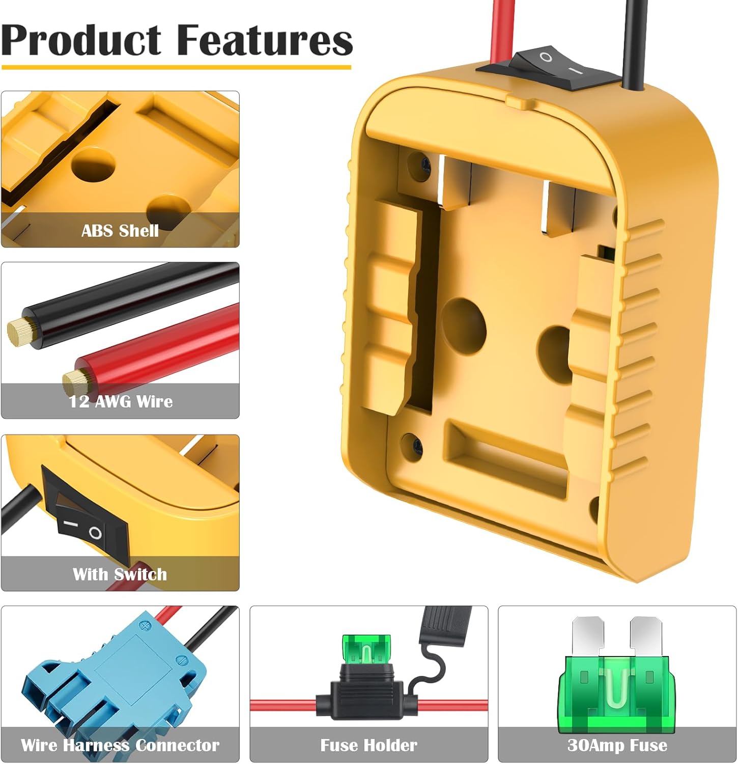 Power Wheel Adapter for Dewalt 20V Battery Adapter with Wire Harness Connector Compatible with Peg-Perego Children's Riding Toys Power Wheel Battery Converter with Fuse & Switch 12AWG Wire