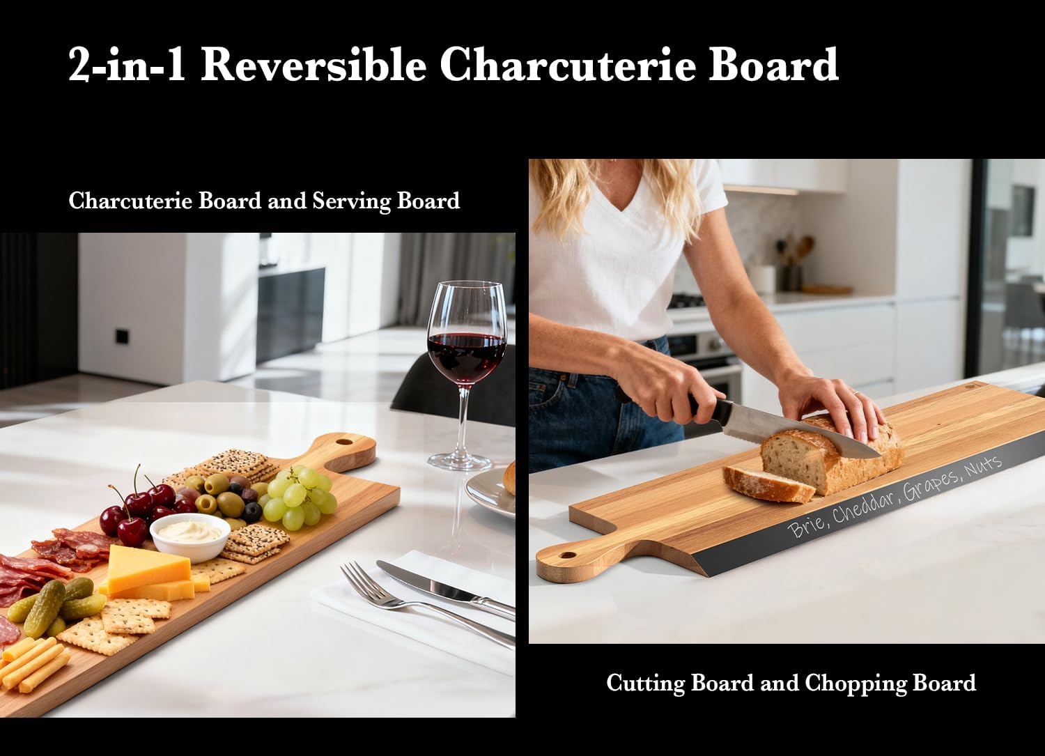 32" Acacia Charcuterie Board with Handle – Extra Long Serving Platter with Chalkboard Edge for Cheese, Meat & Appetizers – Large Wooden Kitchen Board for Parties, Gatherings & Home Decor