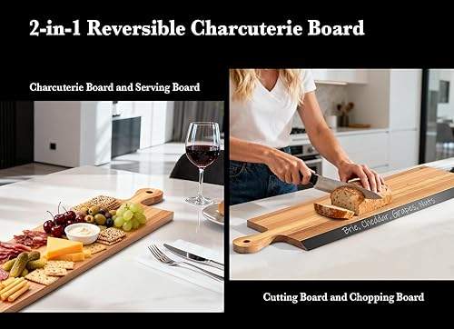 Miniatura 3 de Tabla de embutidos de acacia de 32 pulgadas con asa, plato extra largo con borde de pizarra para queso, carne y aperitivos, tabla de cocina grande