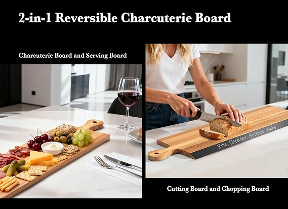 32 Acacia Charcuterie Board with Handle Extra Long Serving Platter with Chalkboard Edge for Cheese, Meat & Appetizers Large Wooden Kitchen Board for Parties, Gatherings & Home Decor