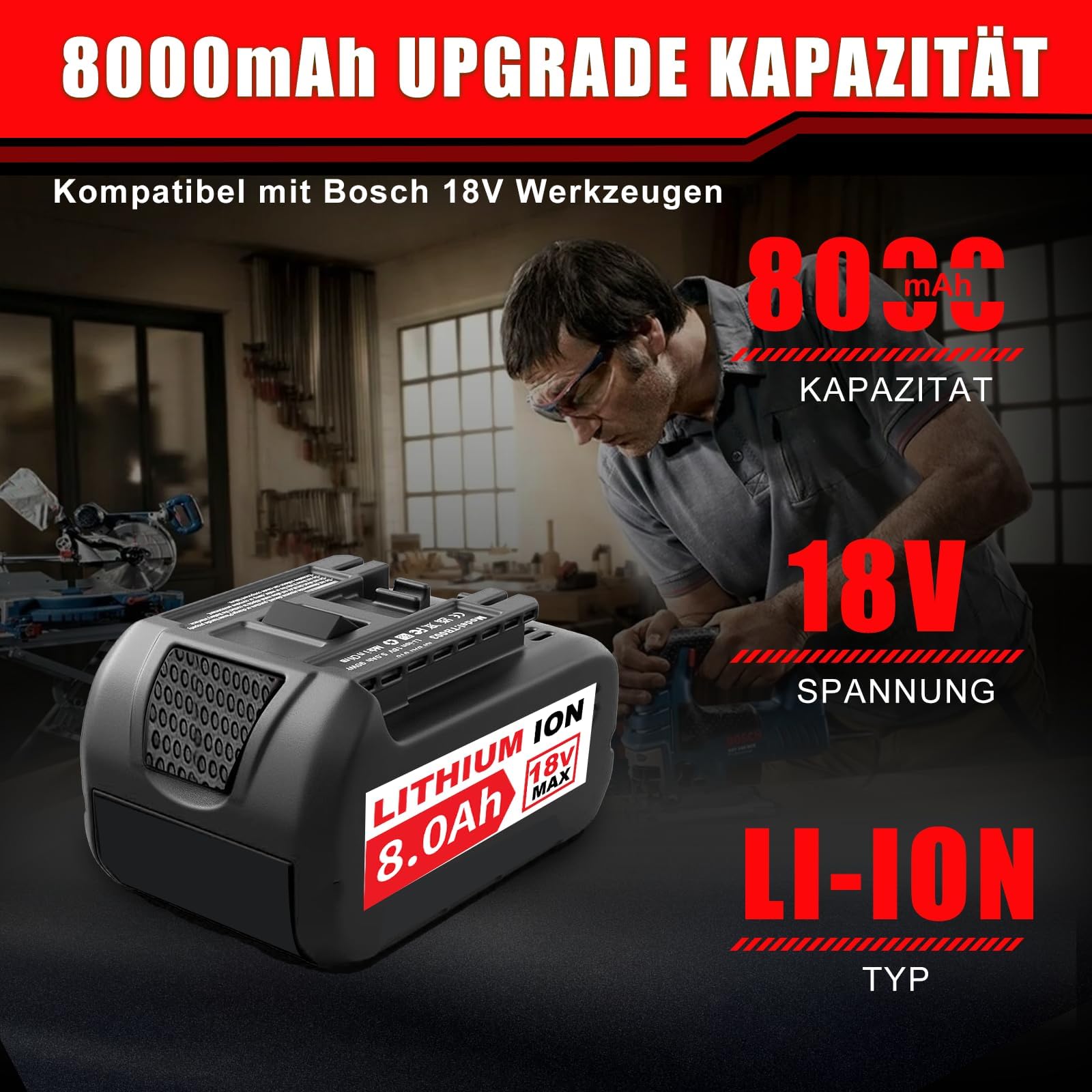 4 Stück 8.0Ah/8000mAh Ersatzakku für Bosch Akku 18V Li-Ionen-Akkus für Bosch 18V Akku BAT609 BAT622 BAT609G BAT618G BAT619 BAT618（Nicht kompatibel mit Home & Garden Geräten sowie PBA-Ladegeräten）
