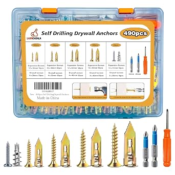 490PCS Self Drilling Drywall Anchors with Screws Kit,5-Sizes Metal Expansion Bolt for Dry Wall,245 PCS Sheetrock Anchors and 245 PCS Screws-No Drill Needed