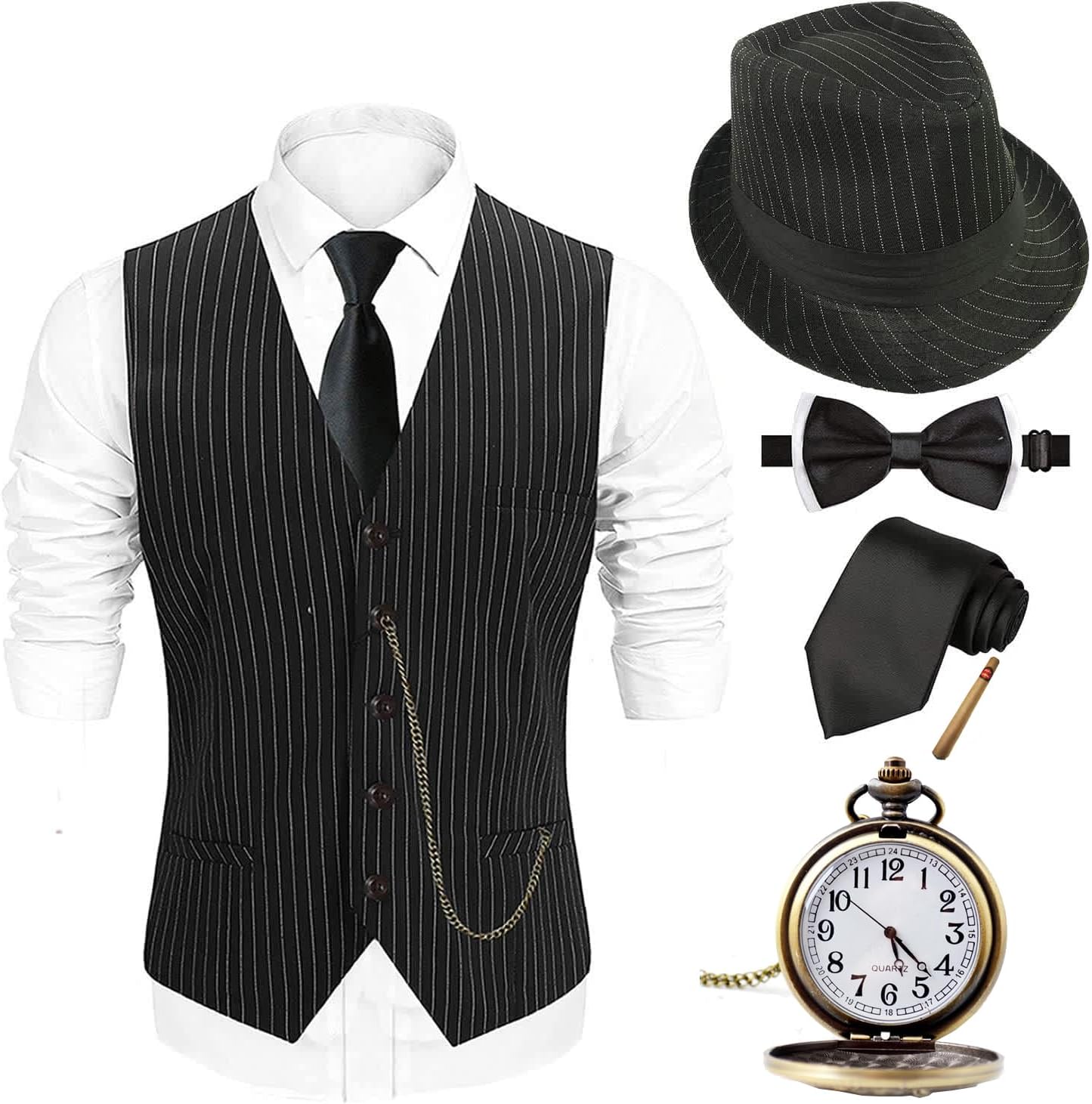 Halloween 1920s Mens Costume 2025,Gatsby Gangster Vest,Vintage Pocket Watch,Pre Tied Bow Tie,Tie