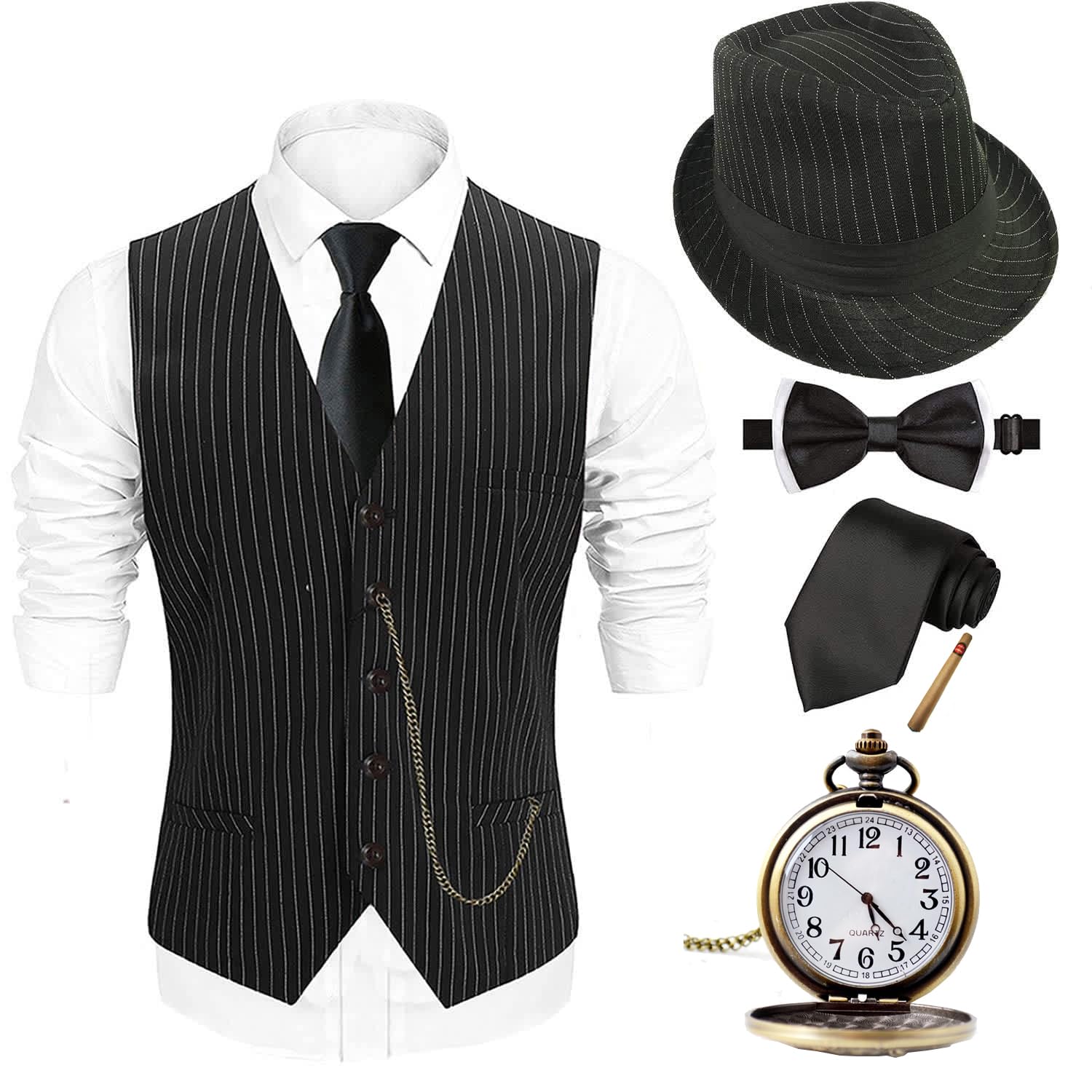 1920s Mens Costume Fedora Hat,Gatsby Gangster Vest,Vintage Pocket Watch,Pre Tied Bow Tie,Tie, Twvest-twbkhat, X-Large