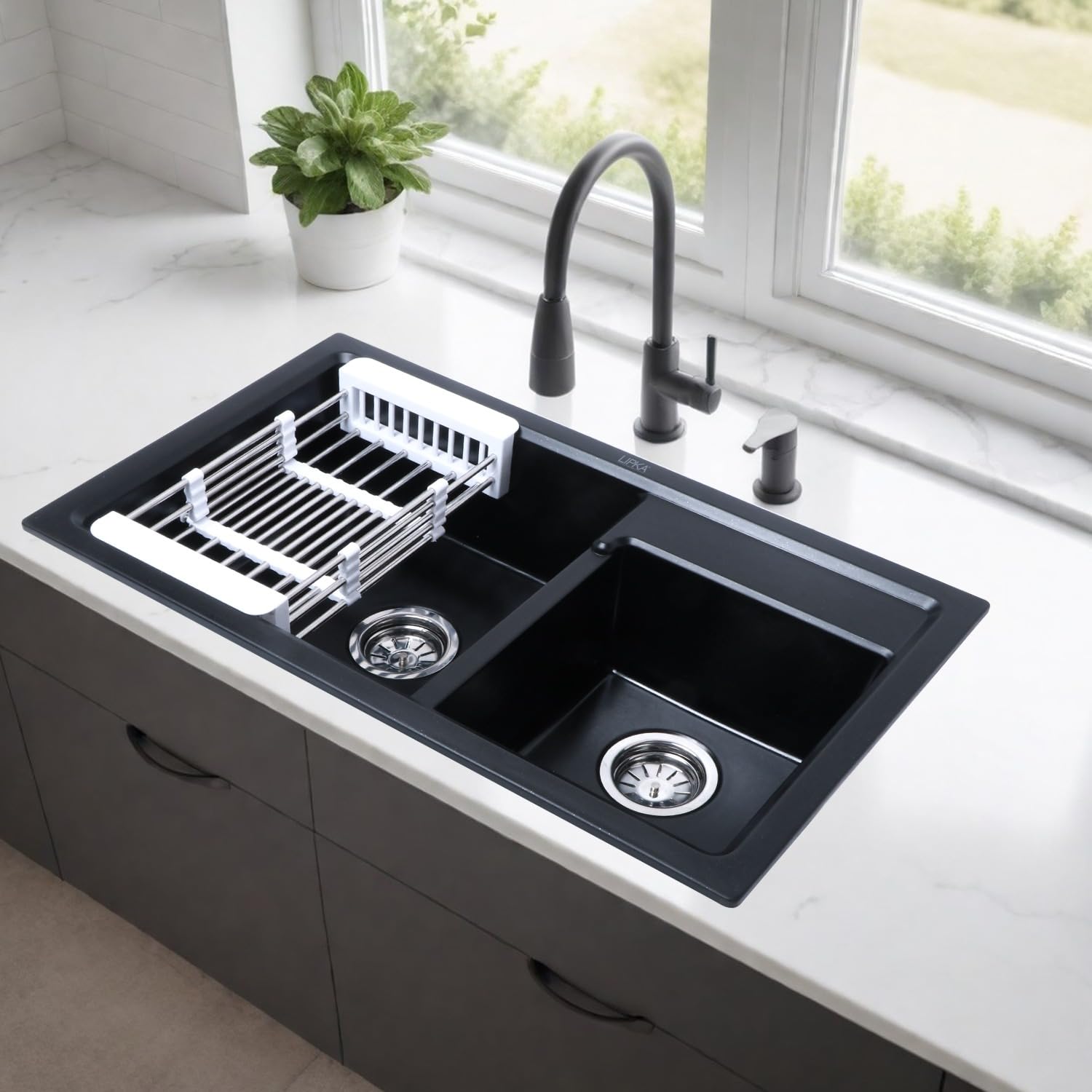 LIPKA Quartz Black Double Bowl 31" x 18" x 9" Kitchen Sink | Matte Finish | Granite Quartz Black Sink with Waste Pipe, Sink Coupling, Double Bowl Connector & Vegetable Strainer-image-40