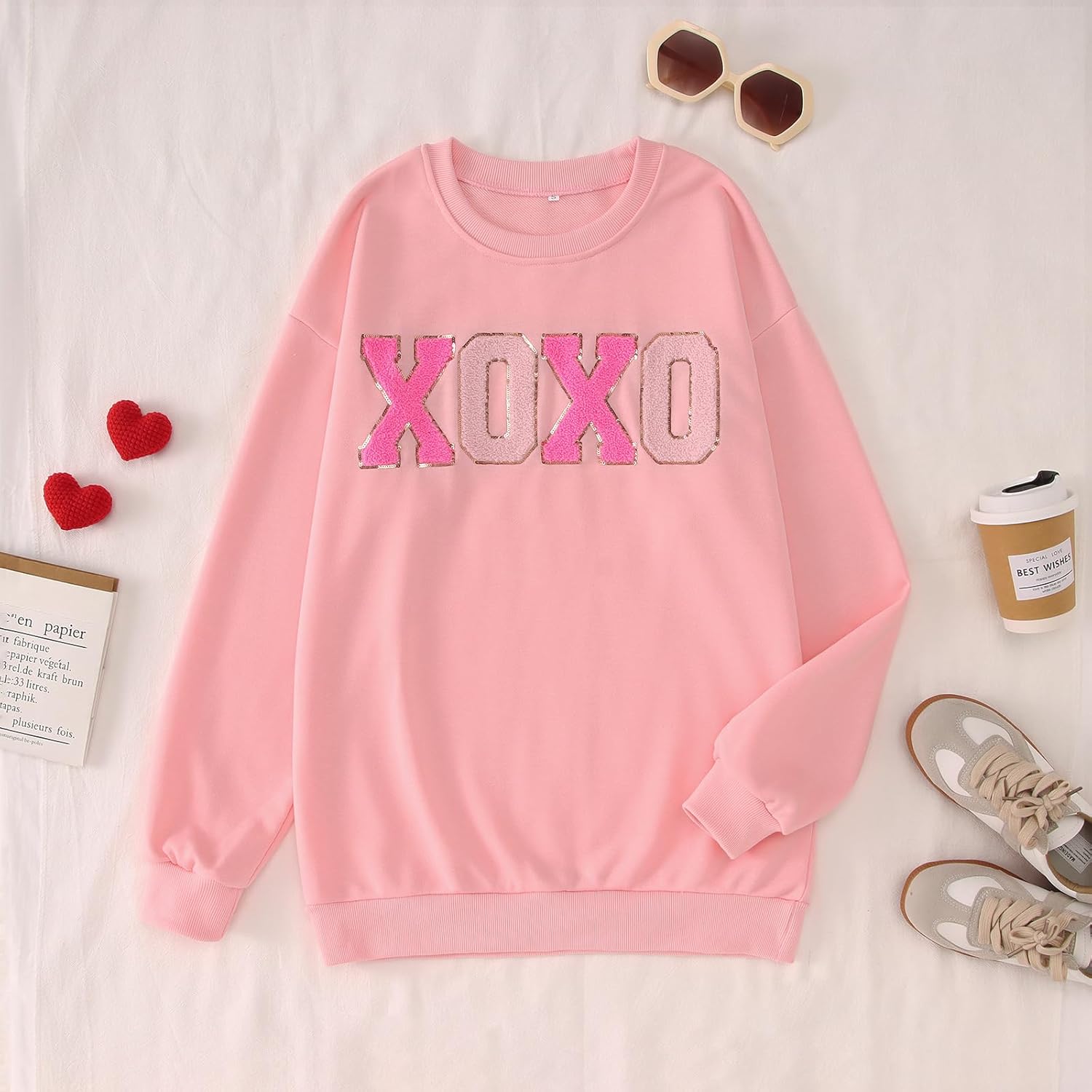 IZYJOY Mommy and Me Valentines Outfits Glitter XOXO Letter Chenille Patch Sweatshirt Long Sleeve Family Matching Shirt - Image 3