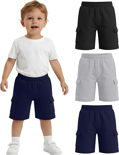 LessonZoo 3 Pack Toddler Boy Cargo Bermuda Shorts, 3-Color, 2T