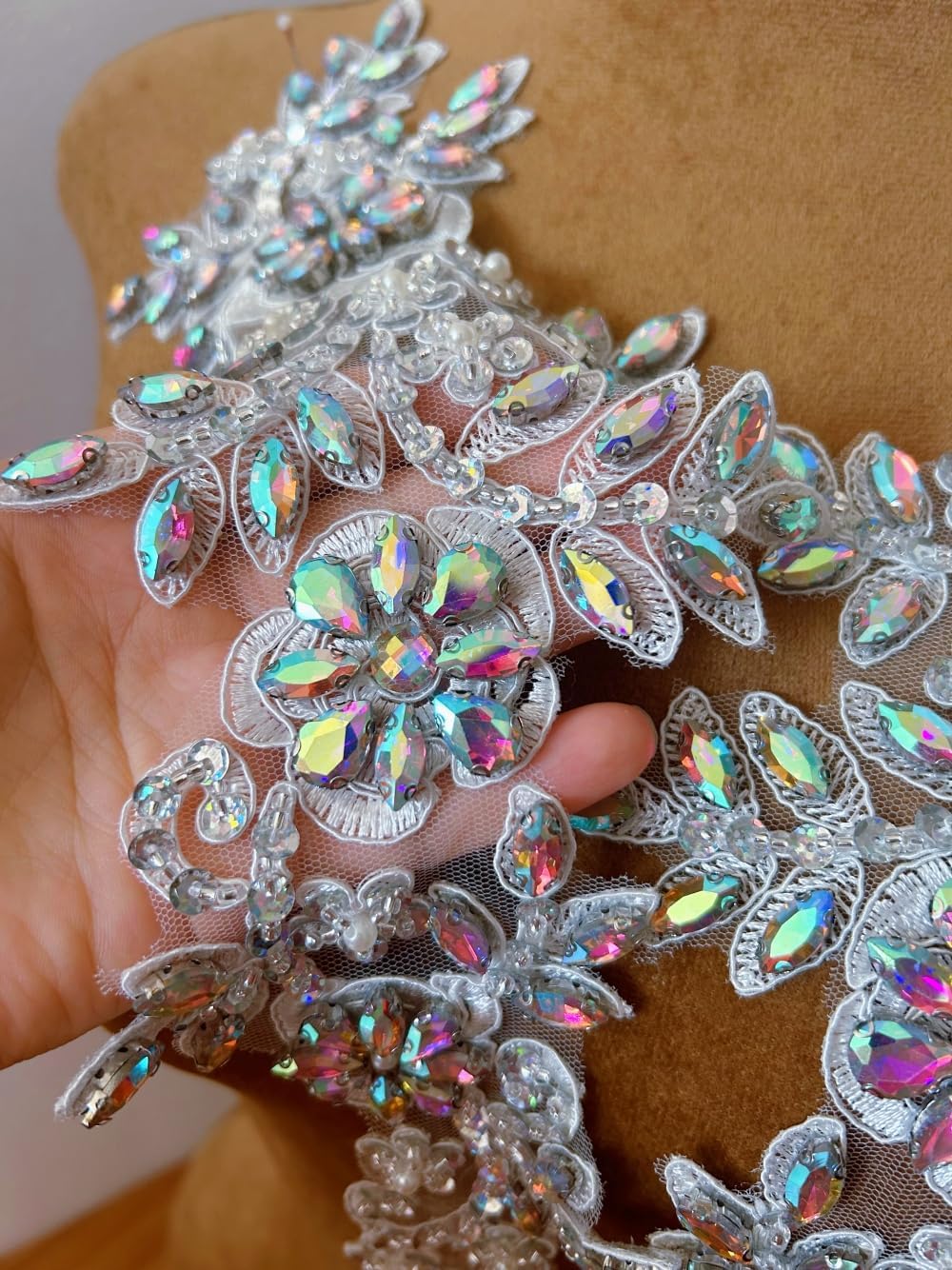 1 Pair 13x34cm Wedding Dress Decorations Applique Lace Patches Sewing with Loose Rhinestone Beads Stones Sew on Lace Sequins for Party Dance Clothing Accessories Prom DIY (Clear ab)
