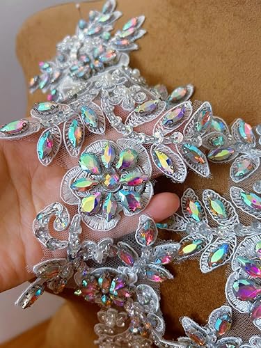 Miniatura 9 de 1 par de decoraciones de vestido de novia de 5.1 x 13.4 in, parches de encaje para coser con cuentas de diamantes de imitación sueltas, piedras para