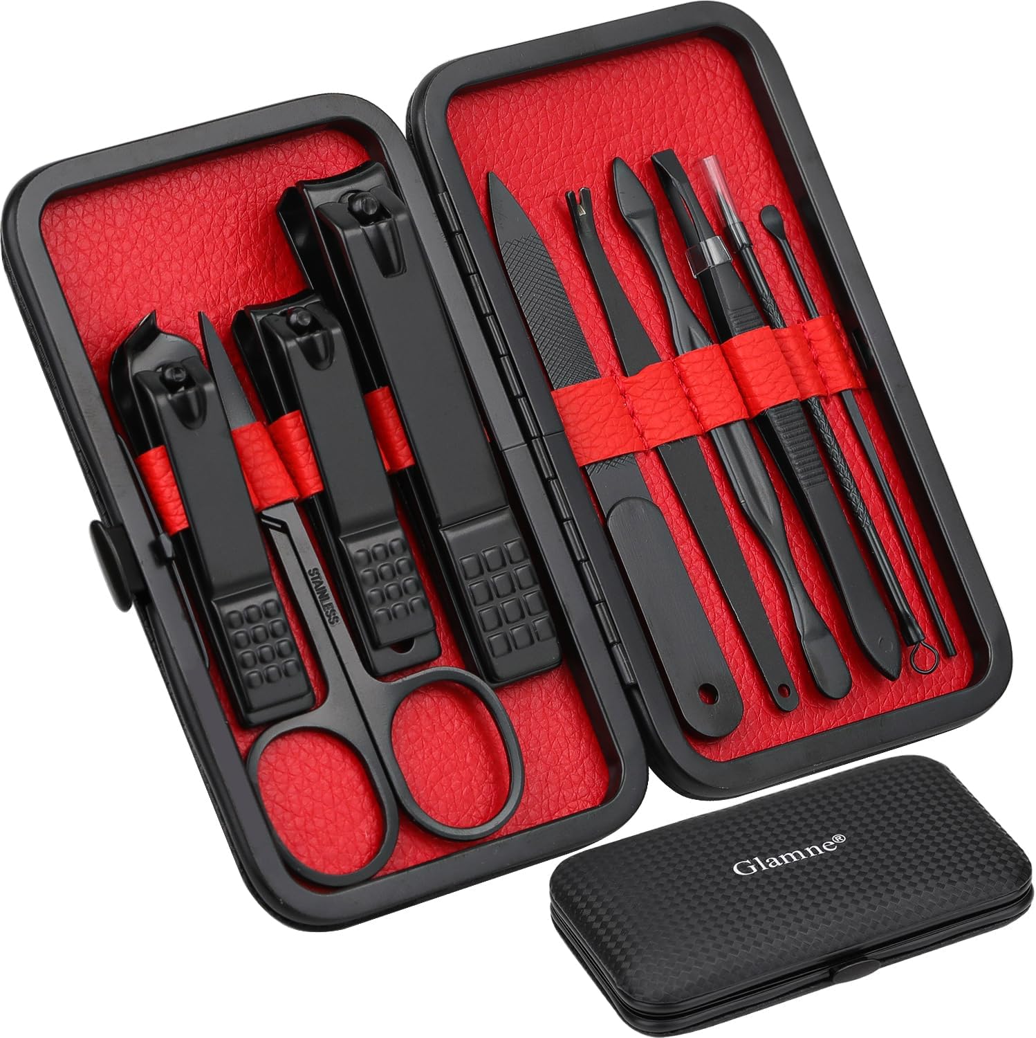 Kit de coupe-ongles de manucure 10 en 1, outils professionnels de soin des ongles en acier inoxydable avec étui de voyage en cuir noir