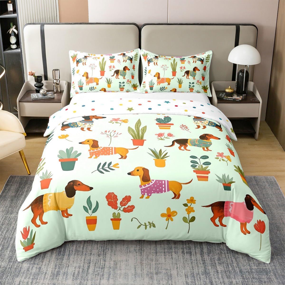 100% Baumwolle Dachshund Bettbezug 135x200,Grüne Wurst Hund Tröster Abdeckung, Lebendige Blumen Blumen Bettwäsche Set, Cartoon Welpe Haustier Bettbezug für Schlafzimmer Dekor, Weiche Atmungsaktive