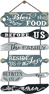 Bless the Food Before Us Farmhouse Kitchen Wall Decor - Dining Room Decorations Collage Wall Art in Neutral Teal/Aqua Color - Wooden Rustic 6pcs Roped Sign 25x14 Inches Vertical