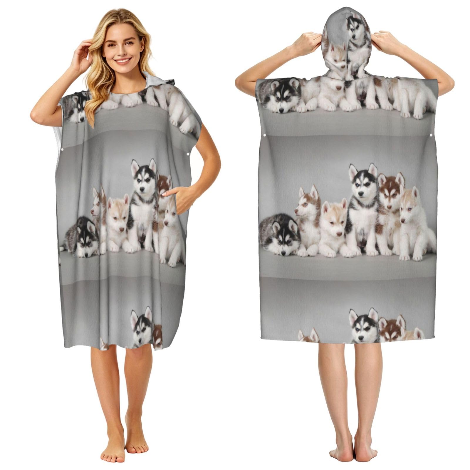 Poadnly Husky Huskie Dogs, Adult Hooded Beach Towel 90 x 110 cm,Changing Bath Robe, Surf Poncho Towel For Women Men