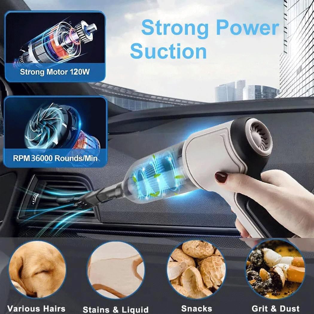 Pro Car Vacuum Cleaner, Rechargeable Handheld 120W High Power Cordless, Brushless, Strong, Low Noise (1Grey)