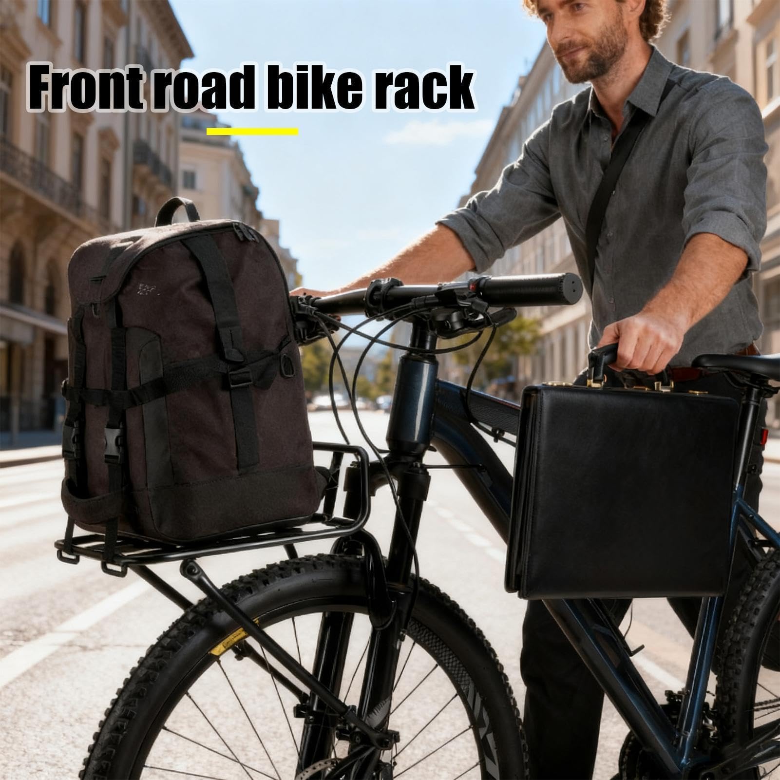 Przedni Bagażnik Rowerowy Aluminiowy Regulowany Uchwyt | Nośnik Bagażnika Rowerowego z Paskami Dla Kolarstwa, Jazdy Na Rowerze, Mobilności, Drogi, Garażu, Ściany, Parkowania, Plaży