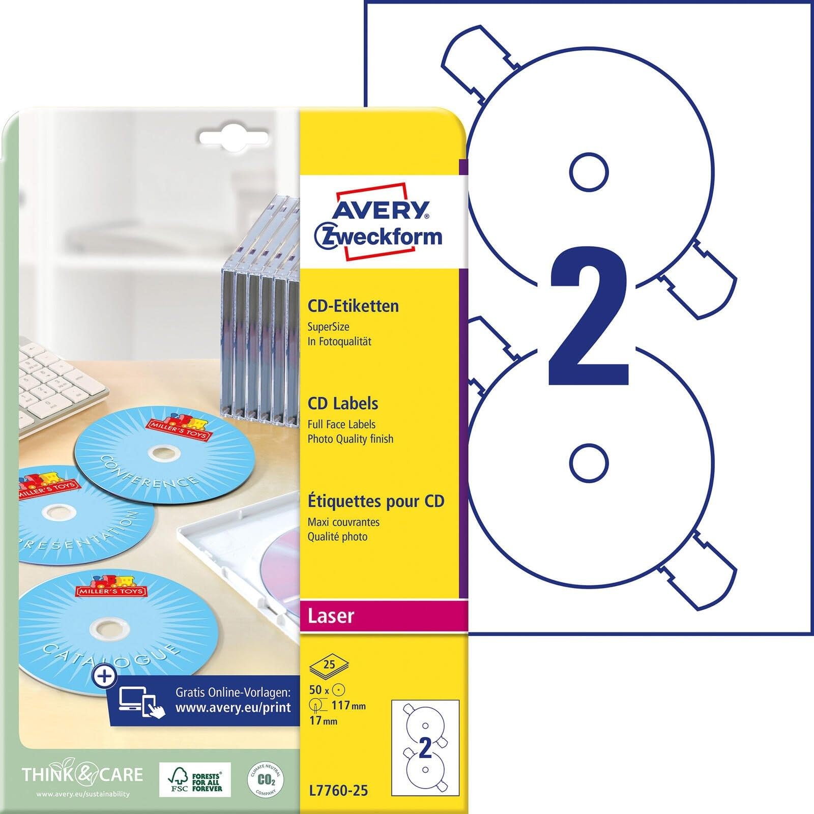Avery Zweckform L7760-25 CD Labels (A4, Pack of 50, High Gloss, 117 mm Diameter) 25 Sheets White