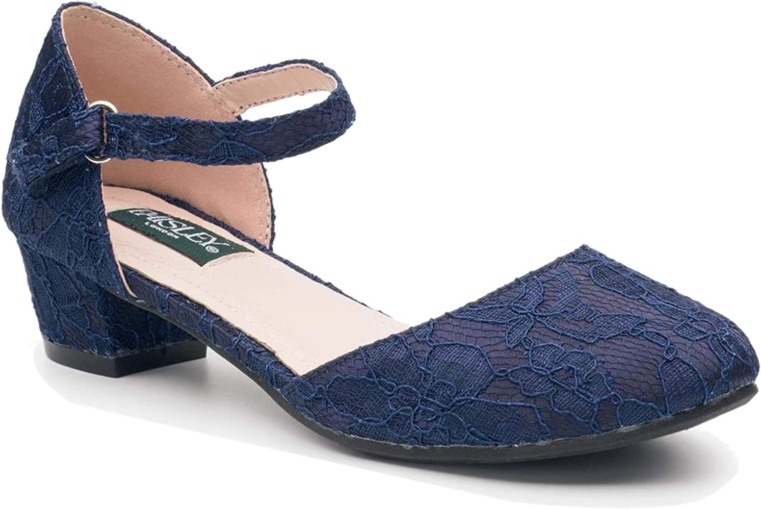 Kamellia Ivory or Navy Lace Shoe, Girls Bridesmaid Velcro Shoe, Girls Low Heel Communion Shoe, UK Child 10 - UK 4