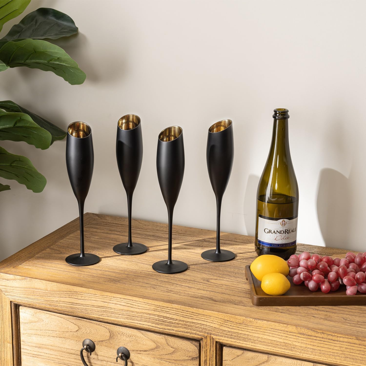 MyGift Matte Black and Gold Angled Rim Stemmed Glass Champagne Flutes, Sparkling Wine Toasting Glasses for Drinking Prosecco Cocktails Mimosa, Stemware Set of 4