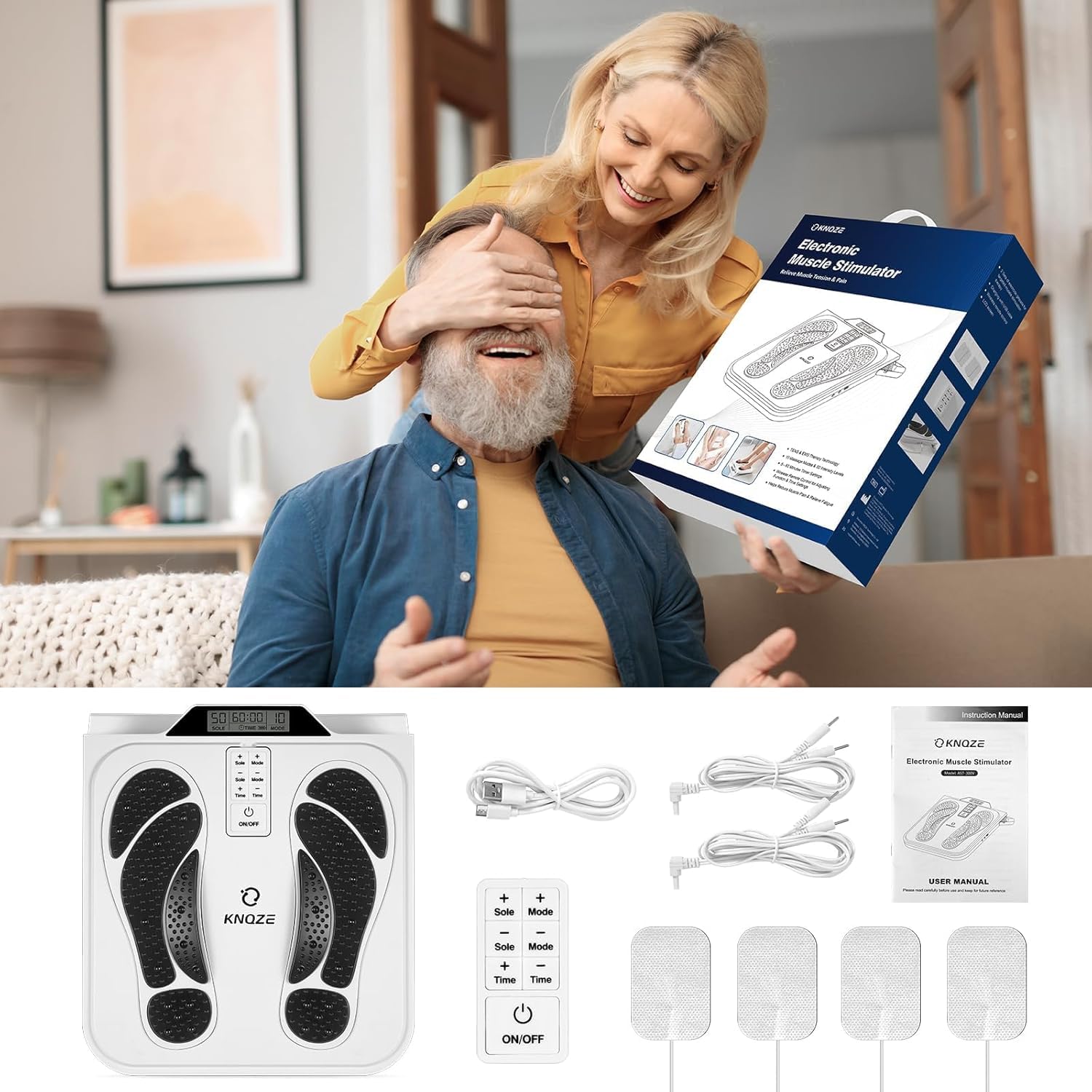 Appareil de massage électrique pour les pieds Stimulateur de circulation avec EMS et TENS, avec 10 modes, 50 niveaux d'intensité et 4 électrodes pour soulager la douleur et favoriser la circulation