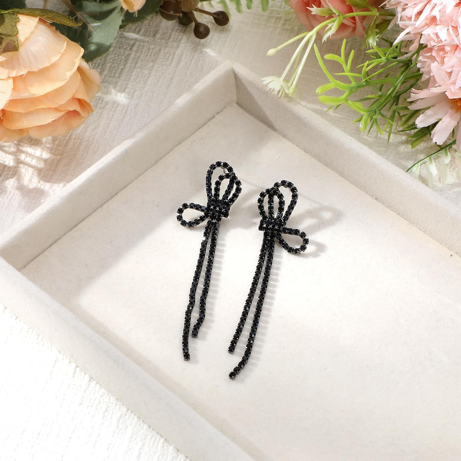 Bow Chandelier Earrings for Women, Fashion Jewelry Black Bow Earrings, Rhinestone Earring Dangling, Sparkly Drop Crystal Earring for Wedding Prom Fashion Jewelry - Image 7