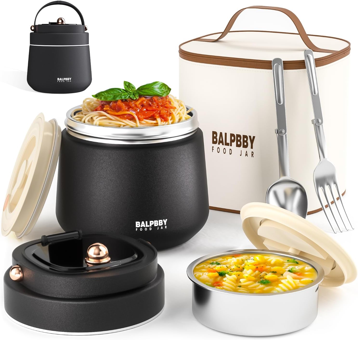 Thermo for Hot Food Adults 40OZ Soup Thermo Lunch Containers Wide Mouth Vacuum Insulated Food Jar Stainless Steel Leakproof Lunch Box with Spoon and Fork, Keeps Food Warm, Ideal Gift for Men and Women Black