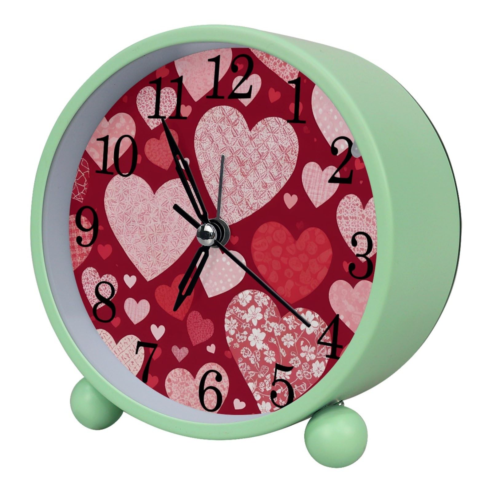 etoenbrc Love and Red Background Round Battery Operated Bedside Alarm Clock Non-Ticking Desktop Silent Analog Alarm Clock with Light