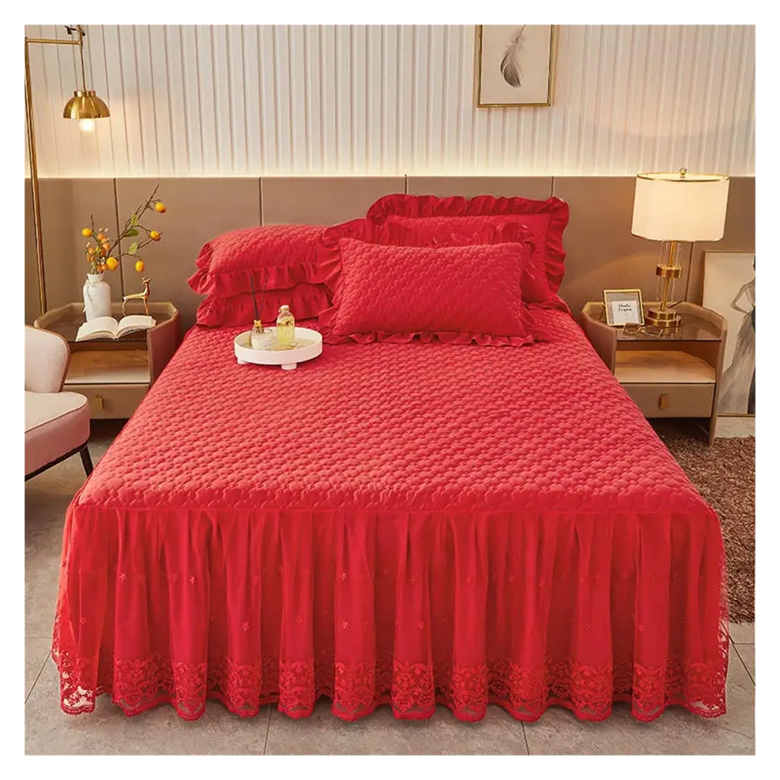 Bed Skirt Cotton Bedding Quilted Lace Embroidery Ruffles Mattress Cover Bedspread Pillowcases 1/3Pcs(Red,3pcs design 180x220)